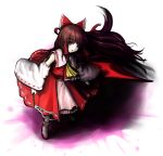  1girl ascot bow brown_eyes brown_hair dangan_ronpa detached_sleeves frilled_shirt_collar frills from_above full_body gohei hair_bow hakurei_reimu highres japanese_clothes long_hair long_sleeves looking_at_viewer looking_up miko overskirt pale_skin parody parted_lips red_bow ribbon-trimmed_sleeves ribbon_trim shirt skirt skirt_set sleeveless sleeveless_shirt solo style_parody taku_(harajuku) touhou very_long_hair wide_sleeves 