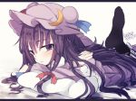  1girl beni_shake black_legwear blush commentary_request crescent crescent_hair_ornament hair_ornament hat long_hair lying mob_cap on_stomach pantyhose parted_lips patchouli_knowledge pillow purple_hair signature sketch solo touhou violet_eyes white_background 