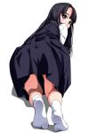  1girl all_fours back black_eyes black_hair blush dress highres long_hair looking_at_viewer looking_back matsunaga_kouyou original simple_background socks solo white_background white_legwear 