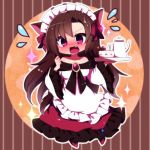  1girl alternate_costume blush brooch brown_hair chibi commentary_request cup dress embarrassed enmaided fang flying_sweatdrops frilled_dress frilled_sleeves frills full_body hair_ribbon holding holding_tray imaizumi_kagerou jewelry long_hair long_sleeves looking_at_viewer maid maid_headdress nose_blush off-shoulder_dress off_shoulder open_mouth pink_eyes red_ribbon ribbon solo teacup teapot touhou tray wide_sleeves you_(noanoamoemoe) 