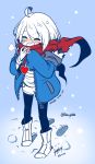  ^_^ ahoge androgynous ankle_boots blush boots closed_eyes dated footprints frisk_(undertale) full_body highres hood hoodie legwear_under_shorts messy_hair open_mouth pantyhose partially_colored sandragh scarf shorts signature smile snow solo striped striped_sweater sweater twitter_username undertale watermark web_address 
