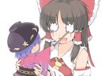  2girls ascot bang blood bow bowl bowl_hat brown_hair commentary_request covering_eyes detached_sleeves finger_gun hair_bow hair_tubes hakurei_reimu hat japanese_clothes kimono lifting_person long_hair long_sleeves multiple_girls obi open_mouth purple_hair puuakachan red_bow ribbon-trimmed_sleeves ribbon_trim sarashi sash sidelocks simple_background sukuna_shinmyoumaru touhou vest white_background wide_sleeves 