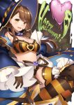  &gt;:d 1girl :d bangs beatrix_(granblue_fantasy) breasts brown_eyes brown_gloves brown_hair cleavage detached_sleeves from_behind gloves granblue_fantasy halloween happy_halloween hat large_breasts looking_at_viewer midriff open_mouth ponytail shiyun sidelocks smile smirk striped striped_legwear swept_bangs thigh-highs tongue wide_sleeves witch_hat 