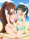  :d beach bikini blush breast_press breasts brown_hair cleavage clouds cloudy_sky collarbone commentary_request day eyebrows eyebrows_visible_through_hair green_eyes green_hair highres kantai_collection large_breasts long_hair open_mouth sand shin&#039;en_(gyokuro_company) sky small_breasts smile starfish striped striped_bikini swimsuit twintails very_long_hair violet_eyes water yamato_(kantai_collection) zuikaku_(kantai_collection) 