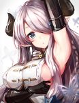  1girl :o arm_up armpits black_gloves blue_eyes blush braid breast_hold breasts commentary_request doraf elbow_gloves gloves granblue_fantasy hair_ornament hair_over_one_eye highres horns large_breasts lavender_hair long_hair looking_at_viewer narumeia_(granblue_fantasy) over_shoulder oyu_(sijimisizimi) pointy_ears sideboob sleeveless solo upper_body 