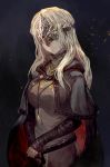  1girl blonde_hair cloak dark_background dark_souls_iii fire_keeper hands_together highres jewelry lack looking_at_viewer mask pendant solo souls_(from_software) upper_body 