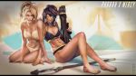  2girls 4kh4 abs absurdres arm_support barefoot black_hair blonde_hair blue_bra blue_nails blue_panties bra breasts brown_eyes character_name dark_skin eye_of_horus facial_mark facial_tattoo feet full_body hair_tubes high_ponytail highres holding holding_weapon leaning_back leaning_forward letterboxed lips looking_at_viewer medium_breasts mercy_(overwatch) multiple_girls muscle muscular_female nail_polish navel nose overwatch panties parted_lips pharah_(overwatch) ponytail rocket_launcher side_braids sitting smile staff tattoo toes underwear underwear_only weapon white_bra white_panties yellow_nails 