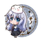  1girl angora_rabbit animal animal_on_head bangs black_skirt blue_eyes blue_hair blush bunny_on_head character_name chibi eyebrows eyebrows_visible_through_hair full_body gochuumon_wa_usagi_desu_ka? hair_ornament holding kafuu_chino long_hair long_sleeves looking_at_viewer noai_nioshi open_mouth rabbit rabbit_house_uniform shirt shoes skirt solo tippy_(gochuumon_wa_usagi_desuka?) tray vest waitress white_legwear x_hair_ornament 