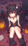  1girl absurdres amashiro_natsuki animal_ears bat_wings black_hair book breasts candy cross cross_necklace heterochromia highres jewelry long_hair looking_at_viewer necklace open_mouth original pumpkin red_eyes small_breasts smile solo two_side_up wings yellow_eyes 