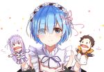  1girl absurdres blue_eyes blue_hair blush breasts character_doll detached_sleeves dress emilia_(re:zero) hair_ornament hair_over_one_eye hair_ribbon hand_puppet headdress highres looking_at_viewer maeshimashi maid maid_headdress medium_breasts natsuki_subaru pink_ribbon puppet re:zero_kara_hajimeru_isekai_seikatsu rem_(re:zero) ribbon short_hair simple_background smile solo white_background x_hair_ornament 