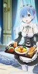  1girl 5pb. :d bedside blue_eyes blue_hair bread breakfast breasts croissant curtains cute detached_sleeves egg eyes_visible_through_hair food frilled_sleeves frills hair_ornament hair_over_one_eye highres ketchup maid maid_headdress media_factory moe official_art omelet omurice open_mouth orange_juice pink_ribbon puyukai re:zero_kara_hajimeru_isekai_seikatsu rem_(re:zero) ribbon ribbon-trimmed_clothes ribbon_trim salad sausage short_hair shousetsuka_ni_narou skirt smile solo square_enix standing table tomato white_fox_(company) white_legwear x_hair_ornament 