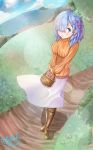  1girl blue_eyes blue_hair blue_sky boots clouds full_body hair_ornament hair_over_one_eye hair_ribbon highres looking_at_viewer maid medium_hair outdoors re:zero_kara_hajimeru_isekai_seikatsu rem_(re:zero) ribbon skirt sky solo standing sweater what_if white_skirt x_hair_ornament 