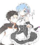  1boy 1girl black_hair blue_eyes blue_hair breasts brown_eyes chain detached_sleeves dress hair_ornament hair_over_one_eye hair_ribbon headdress holding holding_weapon looking_at_viewer maid maid_headdress medium_breasts natsuki_subaru one_eye_closed pink_ribbon re:zero_kara_hajimeru_isekai_seikatsu rem_(re:zero) ribbon short_hair simple_background standing track_suit translation_request weapon white_background white_legwear x_hair_ornament 