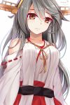  1girl brown_eyes collarbone detached_sleeves from_below frown grey_hair hair_ornament hairband hairclip haruna_(kantai_collection) highres kantai_collection long_hair looking_at_viewer nontraditional_miko signature simple_background sin-poi solo white_background 