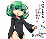  1girl bags_under_eyes black_dress covered_navel curly_hair d: dress empty_eyes green_hair index_finger_raised kanikama looking_down one-punch_man open_mouth shaded_face short_hair simple_background solo sweatdrop tatsumaki translated white_background 
