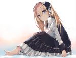  1girl barefoot blonde_hair blue_eyes bow character_request dress eyebrows eyebrows_visible_through_hair from_side hair_between_eyes hair_bow hairband lolita_fashion lolita_hairband long_hair looking_at_viewer noe_(mabue) phantasy_star phantasy_star_online_2 sitting solo 