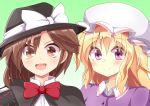 2girls aki_chimaki blonde_hair bow bowtie brown_eyes brown_hair gradient gradient_background green_background hat hat_bow highres looking_at_viewer maribel_hearn mob_cap multiple_girls open_mouth red_bow red_bowtie smile touhou usami_renko violet_eyes 