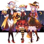  3girls ;d bat_wings black_legwear bloomers blue_hair braid broom candy cape crescent ekira_nieto elbow_gloves glasses gloves green_eyes halloween halloween_costume hat highres izayoi_sakuya jack-o&#039;-lantern long_hair looking_at_viewer multiple_girls one_eye_closed open_mouth patchouli_knowledge pumpkin pumpkin_hat purple_hair red_eyes red_gloves red_skirt remilia_scarlet scepter short_hair skirt smile standing striped striped_legwear thigh-highs torn_clothes torn_thighhighs touhou twin_braids underwear violet_eyes wings witch_hat 