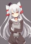  1girl amatsukaze_(kantai_collection) brown_dress dress gloves grey_background hair_between_eyes jam_(jam0601) kantai_collection long_hair long_sleeves looking_at_viewer rensouhou-kun sailor_collar sailor_dress short_dress silver_hair simple_background two_side_up upper_body white_gloves windsock yellow_eyes 