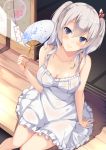  1girl blue_eyes blush breasts cleavage dress fan hateno-yukimi kantai_collection kashima_(kantai_collection) long_hair paper_fan porch silver_hair sitting smile solo sundress tsurime twintails uchiwa wavy_hair white_dress wind_chime 