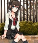  black_legwear blue_eyes braiding_hair breasts brown_hair checkered checkered_skirt cleavage collarbone fence flower_bed hair_ribbon hairdressing highres kantai_collection long_hair looking_at_viewer necktie open_clothes open_mouth ribbon rinarisa school_uniform shigure_(kantai_collection) shirt sitting skirt socks thighs tree 