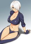  1girl angel_(kof) blue_background blue_eyes breasts cleavage fingerless_gloves gloves gradient gradient_background hair_over_one_eye highres large_breasts light_smile lips midriff navel parted_lips short_hair silver_hair solo st.germain-sal the_king_of_fighters thigh_gap thighs 