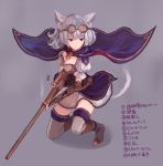  1girl animal_ears bangs blue_eyes blunt_bangs breasts cape cat_ears cat_girl cat_tail cleavage commentary_request emblem full_body goggles goggles_on_head gun heterochromia kneeling large_breasts mechanical_arm nakaichi_(ridil) original puffy_short_sleeves puffy_sleeves red_eyes rifle short_sleeves silver_hair skirt sniper_rifle solo tail thigh-highs translated weapon white_legwear white_skirt 