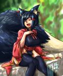  1girl animal_ears black_hair black_legwear breasts chinese_clothes closed_eyes commentary_request dated fox_ears fox_tail groin hand_on_own_chest highres large_breasts moroon no_panties open_mouth pelvic_curtain signature sitting smile solo tail thigh-highs 