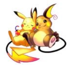  commentary minichi-01 no_humans pikachu pokemon pokemon_(creature) raichu 