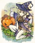  1girl :d adjusting_clothes adjusting_hat antennae arm_support armband bat_wings blonde_hair braid covered_navel cross frilled_legwear frilled_skirt frills gloves green_eyes halloween halterneck hand_on_headwear hat highleg highleg_leotard highres jack-o&#039;-lantern leotard long_hair looking_at_viewer open_mouth original pumpkin purple_gloves purple_shoes see-through shimo_(s_kaminaka) shoes showgirl_skirt side_braid sitting skirt sleeveless slit_pupils smile solo striped thigh-highs tombstone vertical_stripes wand white_legwear wings witch witch_hat zettai_ryouiki 