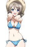  1girl :d ass_visible_through_thighs bikini blue_bikini blue_eyes blush breasts cleavage commentary_request contrapposto cowboy_shot hat highres large_breasts light_brown_hair looking_at_viewer love_live! love_live!_sunshine!! navel open_mouth rozen5 shiny shiny_skin side-tie_bikini simple_background smile solo striped striped_bikini sun_hat swimsuit vertical-striped_bikini vertical_stripes watanabe_you white_background 