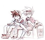  2boys baseball_cap bench crossed_legs graphite_(medium) hat lowres male_focus map multiple_boys ookido_green ookido_green_(cosplay) ookido_green_(sm) poke_ball pokemon pokemon_(game) pokemon_sm pokemon_special red_(pokemon) red_(pokemon)_(cosplay) red_(pokemon)_(sm) renzu_(turquoise710) shoes sitting smile sneakers spiky_hair sunglasses sunglasses_on_head traditional_media 