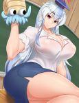  1girl absurdres breasts chalkboard curvy dutch_angle highres huge_breasts kamishirasawa_keine long_hair looking_at_viewer omanyte pokemon raised_eyebrows sitting smile teacher thick_thighs thighs tochinoko touhou white_hair 