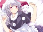  1girl blush breasts capelet closed_mouth doremy_sweet doremy_sweet_(cosplay) dutch_angle feathered_wings fur_trim grey_wings hat hemogurobin_a1c kishin_sagume looking_at_viewer lying medium_breasts nightcap on_back pom_pom_(clothes) red_eyes shirt short_hair silver_hair single_wing solo sweat touhou upper_body white_shirt wings 