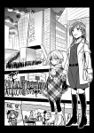  2girls anastasia_(idolmaster) boots building comic greyscale hair_between_eyes holding_hands idolmaster idolmaster_cinderella_girls kuboken_(kukukubobota) long_hair monochrome multiple_girls nitta_minami scarf silent_comic younger 