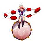 1girl absurdres baba_(baba_seimaijo) belt boots commentary_request drum drumsticks highres horikawa_raiko instrument jacket necktie open_mouth plaid plaid_shirt red_eyes redhead shirt short_hair solo taiko_drum touhou white_background 
