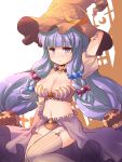  1girl alternate_costume alternate_hairstyle arm_at_side arm_behind_head bangs bare_shoulders blunt_bangs breasts cleavage detached_sleeves fujiyama_takashi hair_over_shoulder hair_ribbon halloween highres long_hair looking_at_viewer low_twintails medium_breasts midriff navel open_mouth patchouli_knowledge puffy_short_sleeves puffy_sleeves purple_hair purple_legwear ribbon short_sleeves sidelocks sitting skirt skirt_set striped striped_legwear thigh-highs thighs touhou tress_ribbon twintails vertical_stripes very_long_hair violet_eyes 