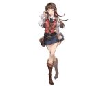  1girl bag boots brown_eyes brown_hair clipboard crossed_legs detached_sleeves full_body granblue_fantasy hairband juliet_sleeves knee_boots long_hair long_sleeves looking_at_viewer minaba_hideo miniskirt puffy_sleeves simple_background skirt smile solo standing vest white_background 