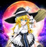  1girl :d blonde_hair blue_eyes braid breasts broom cleavage commentary_request full_moon grin hat holding kirisame_marisa long_hair looking_at_viewer moon open_mouth salute single_braid smile solo sparkle tk8d32 touhou witch_hat 