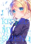 1girl ayase_eli blonde_hair blue_eyes blush bow bowtie buttons commentary_request cover cover_page doujin_cover green_bow green_bowtie hair_between_eyes hair_flip hair_ornament hair_scrunchie long_sleeves looking_at_viewer love_live! love_live!_school_idol_project mogu_(au1127) ponytail school_uniform scrunchie solo upper_body 