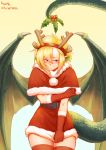 1girl 2016 animal_ears antlers blonde_hair blush capelet commentary cowboy_shot dated derivative_work draco_(monster_musume) dragon_girl dragon_tail dragon_wings eyebrows eyebrows_visible_through_hair fake_animal_ears fake_antlers fur_trim gloves hand_on_own_arm lutherniel mistletoe monster_girl monster_musume_no_iru_nichijou pointy_ears prehensile_tail red_gloves red_legwear reindeer_antlers reindeer_ears santa_costume scales shy signature skirt skirt_tug solo tail thigh-highs violet_eyes wings zettai_ryouiki