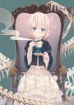  1girl amamiya_chiharu animal_skull blue_eyes blush bone chair cup facing_viewer frilled_sleeves frills looking_at_viewer open_mouth original plate ribbon sharp_teeth short_hair sitting spine tea teacup teeth white_hair wide_sleeves 