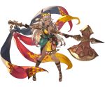  1girl animal_ears aqua_eyes axe bag bare_shoulders dark_skin feathers flower gloves granblue_fantasy grey_hair hair_ornament holding holding_weapon huge_weapon long_hair looking_at_viewer minaba_hideo nemone pelvic_curtain sandals simple_background smile solo thigh-highs weapon white_background 