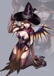  1girl alternate_costume blonde_hair blue_eyes book bracelet breasts cleavage hat highres jewelry kneeling lace lace-trimmed_panties looking_at_viewer mechanical_wings mercy_(overwatch) momori overwatch panties pelvic_curtain smile solo thigh-highs underwear wings witch witch_hat witch_mercy 