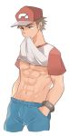  1boy abs aper baseball_cap brown_hair denim hands_in_pockets hat jeans male_focus mouth_hold muscle navel pants pectorals pokemon pokemon_(game) pokemon_sm pubic_hair red_(pokemon) red_(pokemon)_(sm) shirt_lift simple_background solo tan unbuttoned white_background z-ring 