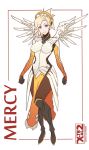  1girl artist_name blonde_hair blue_eyes breasts character_name eyeshadow full_body greaves looking_at_viewer makeup mechanical_halo mechanical_wings mercy_(overwatch) overwatch pantyhose simple_background smile solo wings x-teal2 