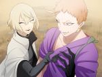  2boys black_gloves blonde_hair casual closed_eyes collarbone dirt earrings eyelashes fangs gloves grass hair_between_eyes higekiri_(touken_ranbu) highres iwatooshi japanese_clothes jewelry kitanorth8 male_focus military military_uniform multiple_boys orange_eyes orange_hair sharp_teeth sweatdrop teeth touken_ranbu twitter_username uniform 