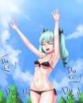  anchovy armpits arms_up bikini black_ribbon breasts cloel closed_eyes clouds drill_hair front-tie_top girls_und_panzer green_hair hair_ribbon highres long_hair medium_breasts open_mouth ribbon side-tie_bikini sky smile swimsuit tree twin_drills twintails 