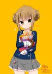  1girl ahoge bangs blazer blunt_bangs blush bow bowtie brown_eyes brown_hair candy chocolate_bar double_bun jacket lollipop looking_at_viewer original ragho_no_erika simple_background skirt smile solo standing 