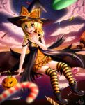  1girl absurdres blacksaikou blonde_hair boots breasts broom broom_riding candy collarbone commentary dress flying halloween hat hat_ribbon highres kirisame_marisa microdress ribbon small_breasts solo striped striped_legwear thigh-highs touhou witch_hat yellow_eyes 